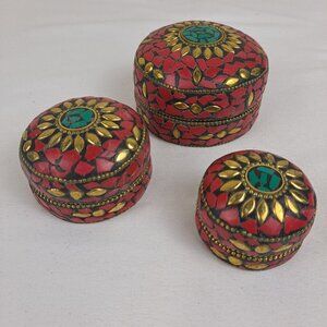 Nesting Trinket Boxes (3) Red & Green Flat Stone with Gold Accents Handmade NWOT